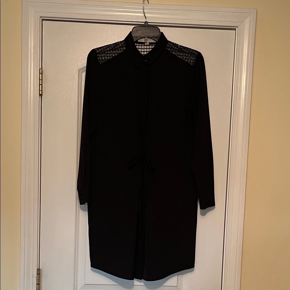 LOFT Black Long Sleeve Shirt Dress with Lace-Trim Shoulders